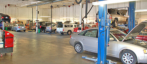 The inside our main garage with 10 hyrdaulic lift service stations | San Ramon Valley Import Center